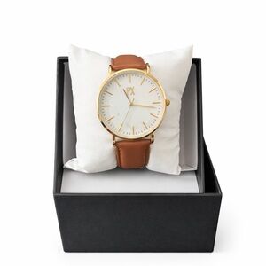 PX Men’s Gold Tone Watch Brown Leather Strap White Dial – New in Box |